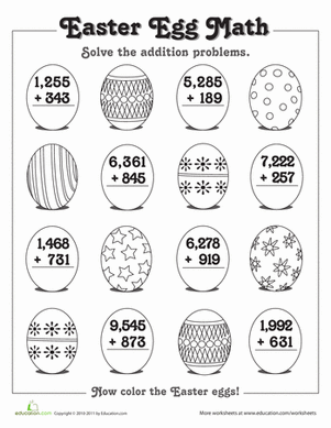 Colorful egg-themed addition math problems for fourth grade students to solve and color
