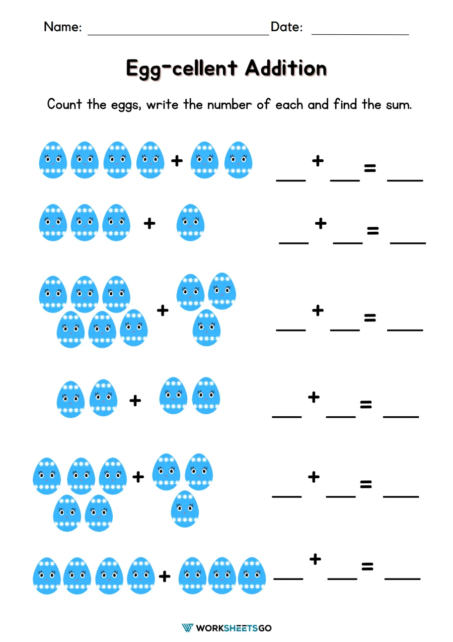 Colorful egg-themed math worksheet showing addition problems for fourth grade students to solve and color