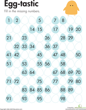 Missing Numbers Egg Escape Math Worksheet for Grade 1 Students 22 First grade student counting to 100 on an egg-themed number grid worksheet