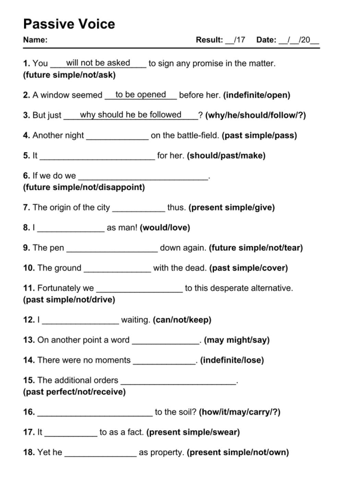 Active and Passive Voice Practice Exercise for Middle School Grammar Eighth grade students completing grammar exercises to identify active and passive voice in sentences on a worksheet