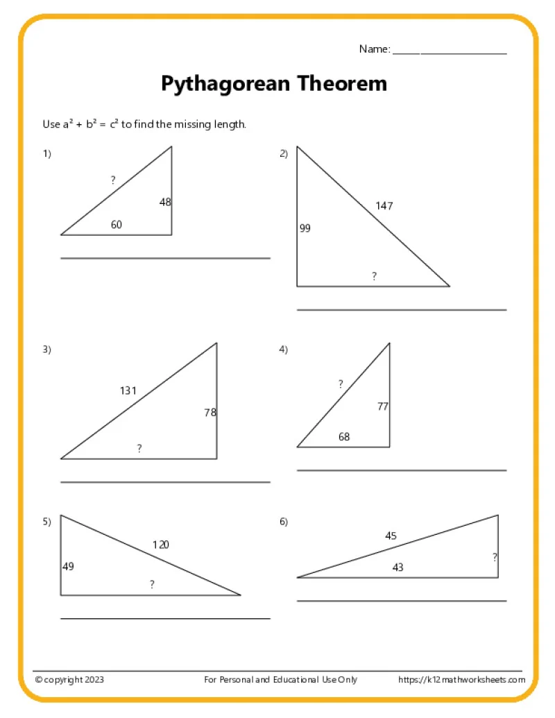 Eighth grade math worksheet showing a collection of right triangles for students to solve for missing hypotenuse lengths
