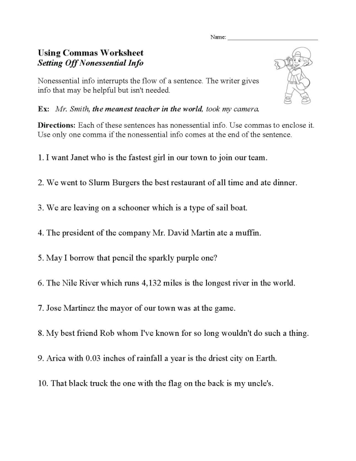 Eighth-grade worksheet on using commas to indicate pauses in sentences