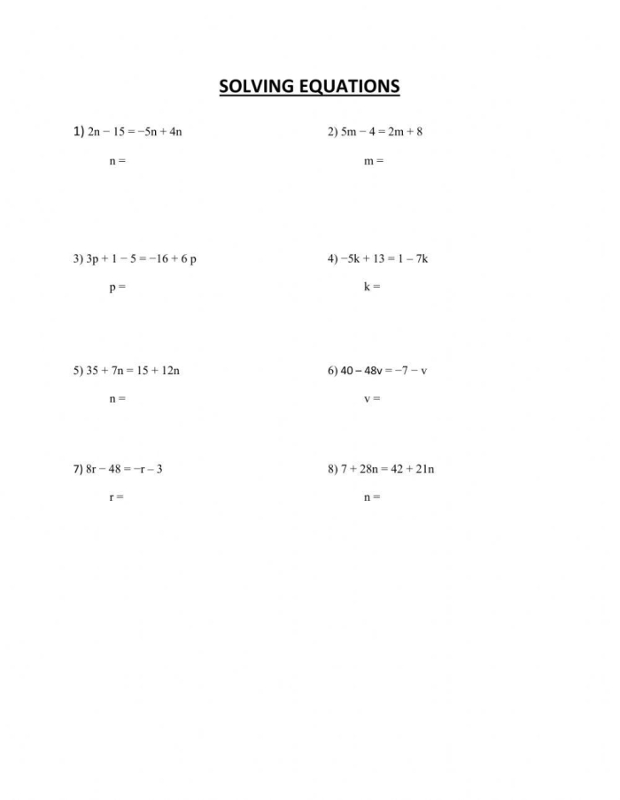 Eighth grade student solving multi-step algebra equations on a quiz worksheet with step-by-step problems