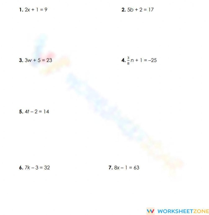 Eighth grade algebra worksheet for practicing solving equations that contain like terms