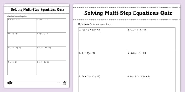 Eighth grade students solving multi-step equations on an algebra quiz worksheet with numbered problems