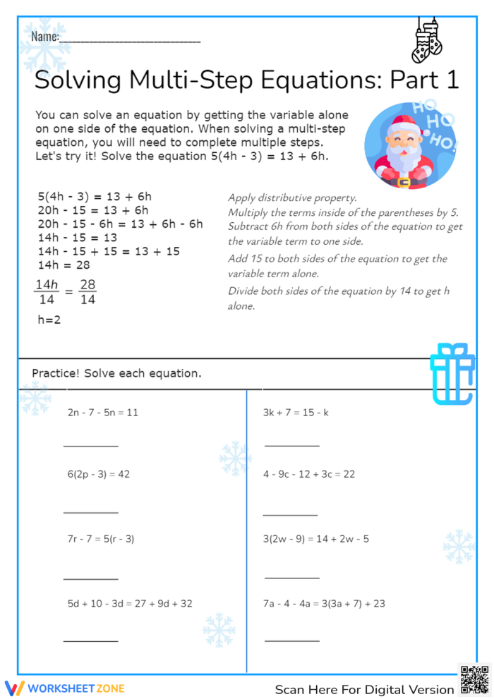 Eighth grade student solving multi-step algebra equations on a quiz worksheet with step-by-step problems