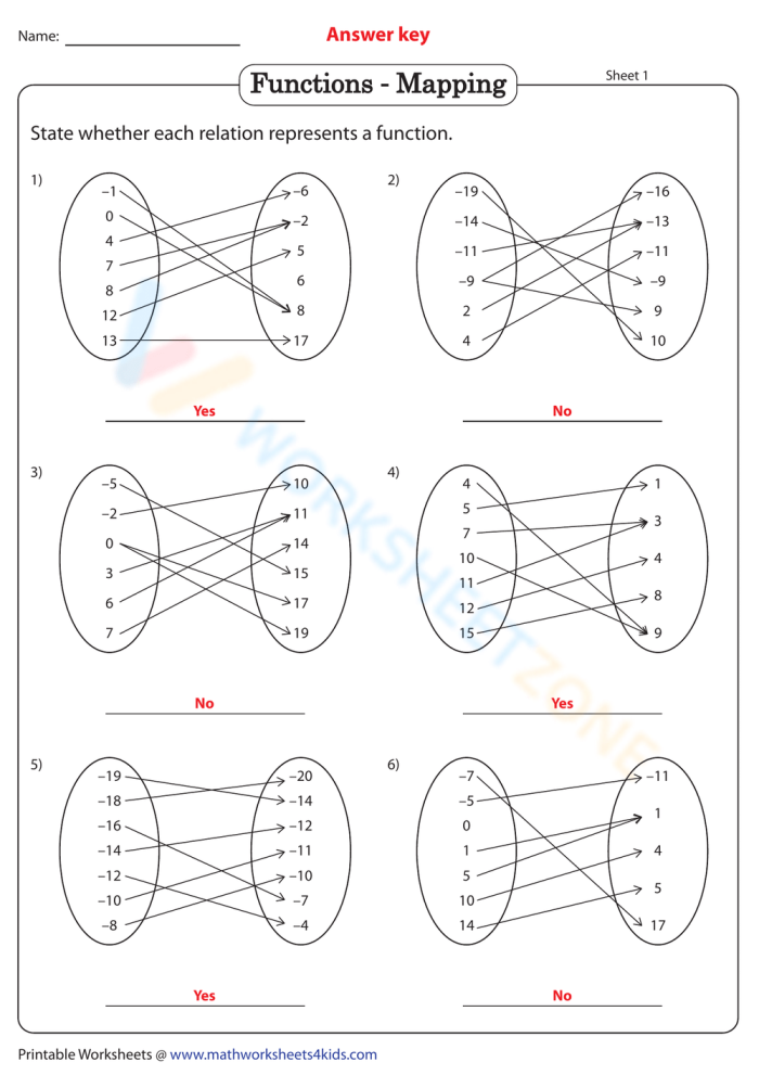 Eighth grade algebra worksheet identifying functions from various mathematical relations