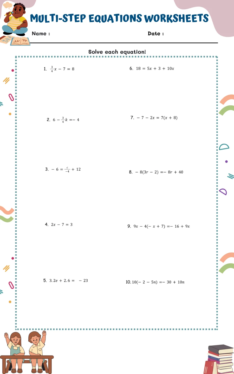 Eighth grade algebra worksheet featuring a quiz for solving multi-step equations number eight
