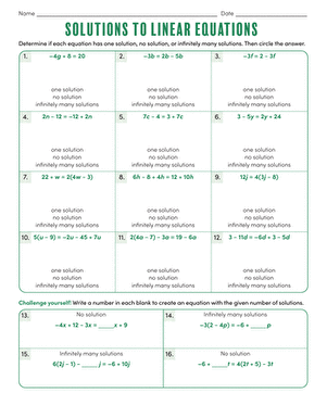 Solutions to Linear Equations Practice Worksheet for Eighth Grade Math Eighth grade algebra worksheet focusing on identifying the number of solutions to linear equations