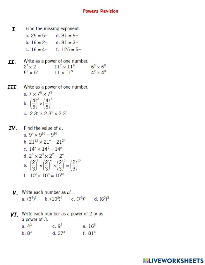 Eighth grade math worksheet focusing on simplifying exponential expressions using the Power of a Power property
