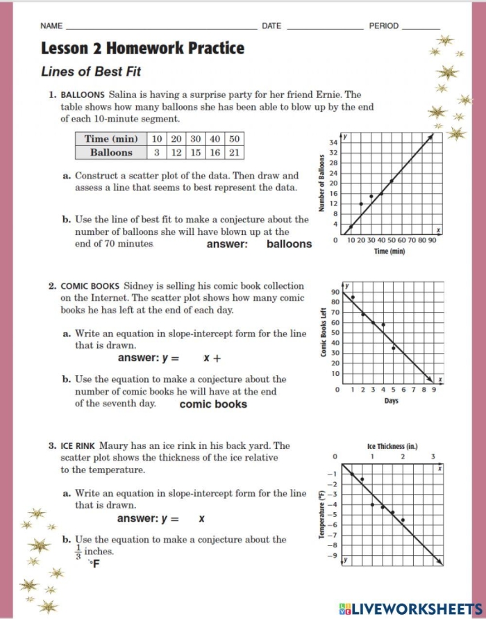 Eighth grade math worksheet showing scatter plots for students to practice drawing lines of best fit