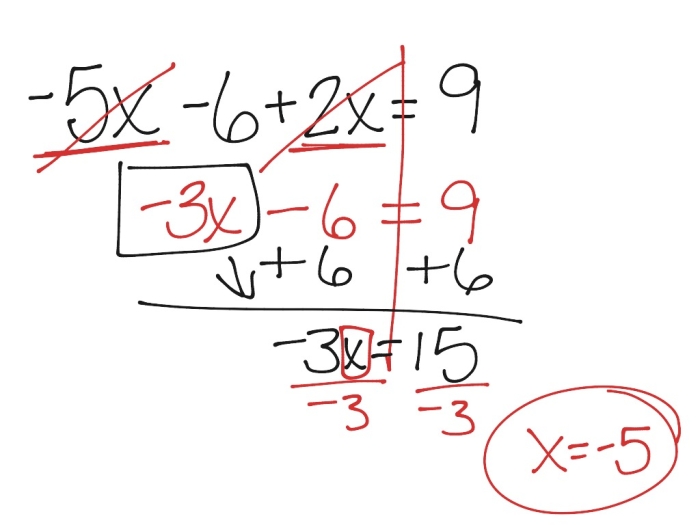 Eighth grade student solving algebraic equations by combining like terms on a worksheet