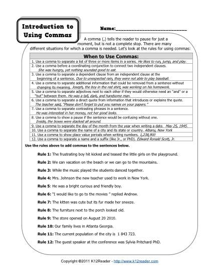 Eighth-grade grammar worksheet focusing on comma usage for pauses in sentences