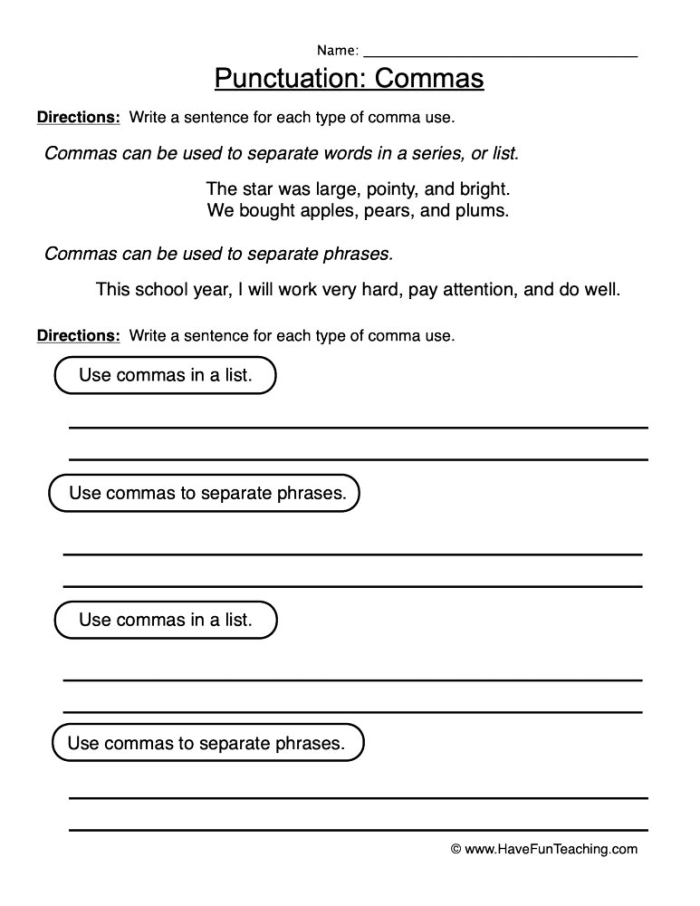 Eighth-grade worksheet on using commas to indicate pauses in sentences