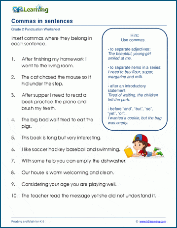 Eighth-grade worksheet focusing on using commas to indicate pauses in sentences