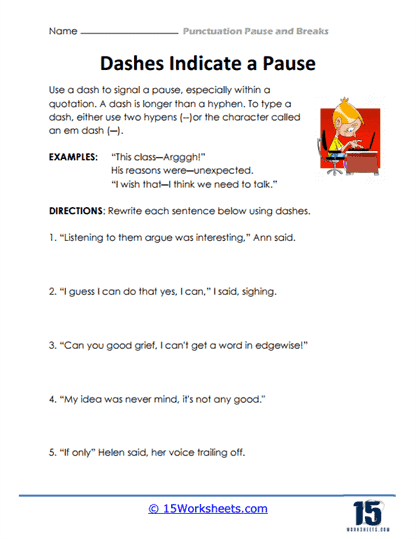 Eighth-grade worksheet on using commas for pauses in sentences