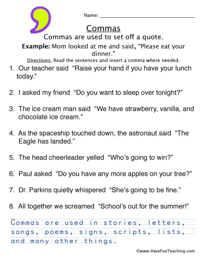 Eighth-grade worksheet focusing on using commas to indicate pauses with various grammatical elements
