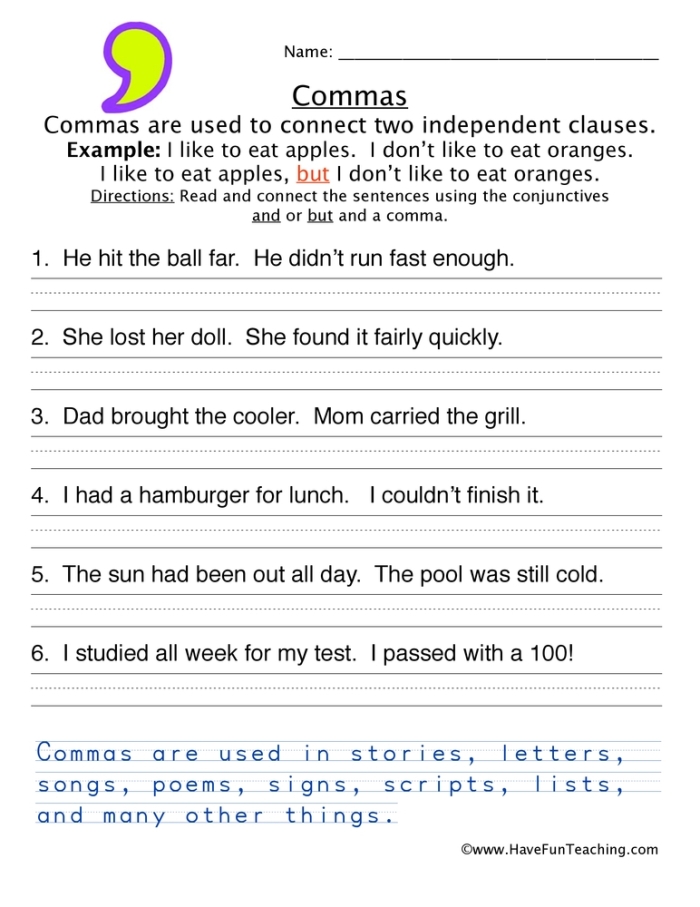 Eighth-grade worksheet on using commas to indicate pauses in sentences