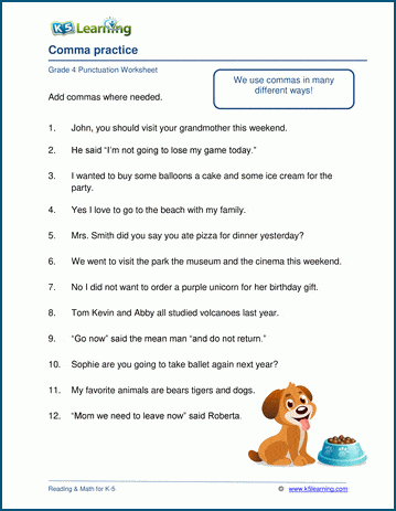 Eighth-grade worksheet on using commas to indicate pauses in sentences