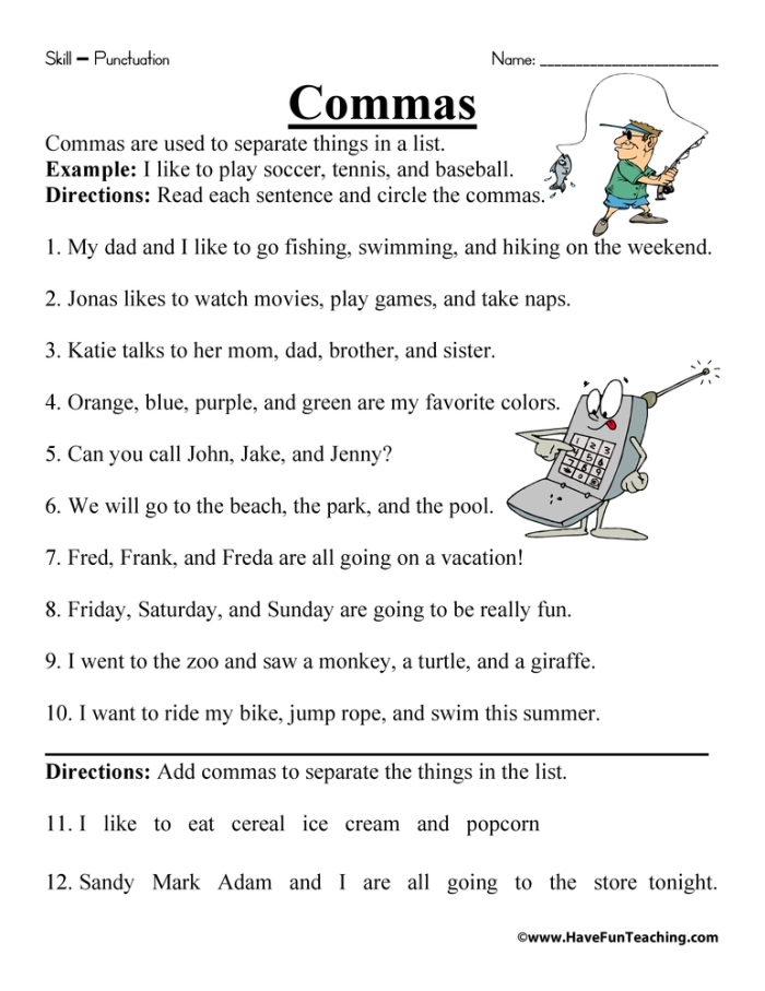 Eighth-grade worksheet on using commas to indicate pauses in sentences