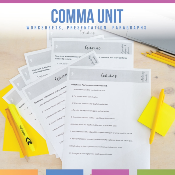 Eighth-grade worksheet on using commas to indicate pauses in sentences