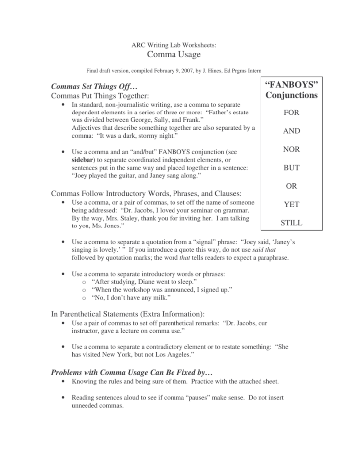 Eighth-grade grammar worksheet on using commas to indicate pauses in sentences