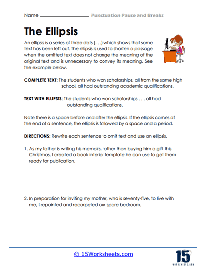 Eighth-grade worksheet focused on using commas to indicate pauses in sentences