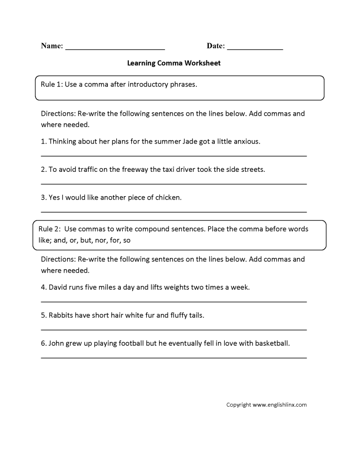 Eighth-grade grammar worksheet focused on using commas to indicate pauses in sentences