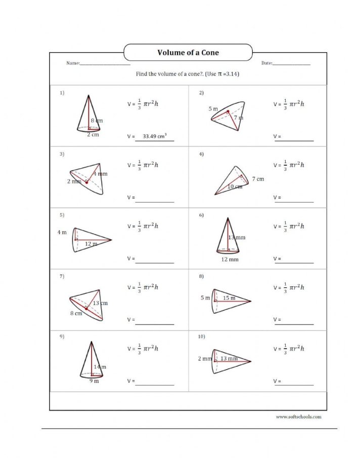 Eighth-grade geometry worksheet focused on calculating the volume of different cones