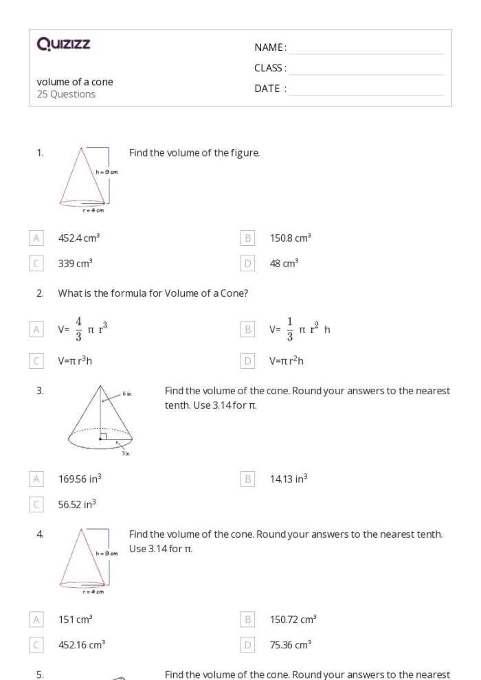 Eighth grade student solving volume of cone problems on a geometry practice worksheet with formulas and diagrams