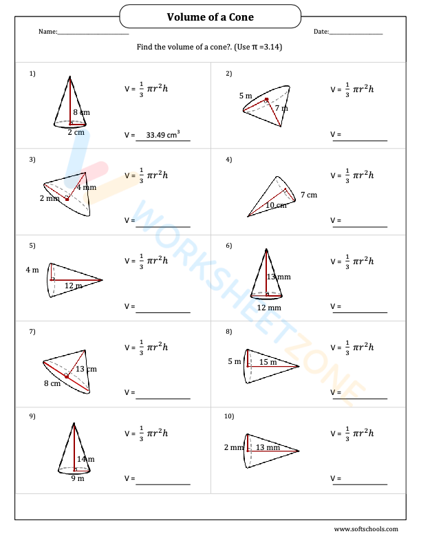 Worksheet featuring exercises on calculating the volume of cones for eighth-grade students