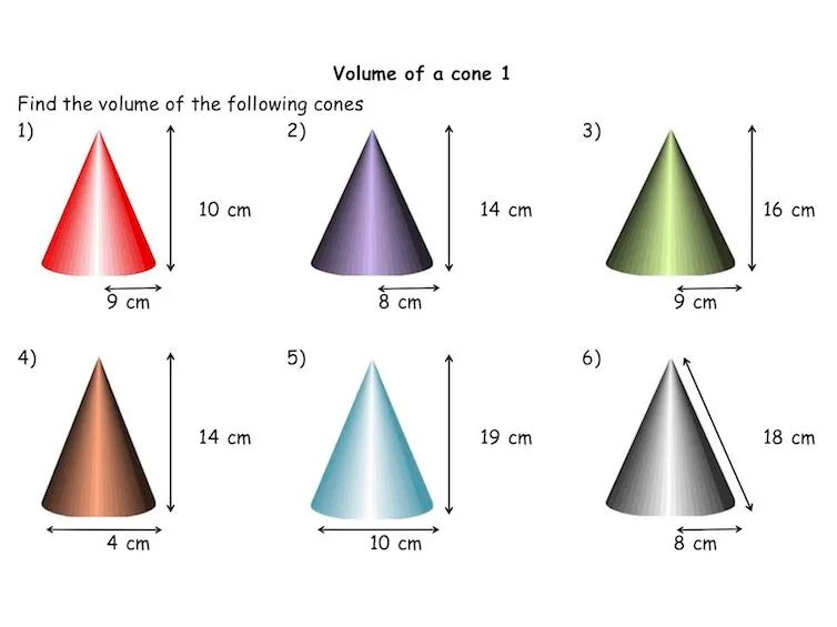 Worksheet for practicing the volume of different cone shapes in eighth-grade geometry