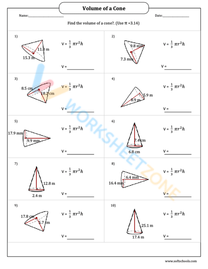 Worksheet for practicing the volume calculation of different cone shapes in eighth-grade geometry