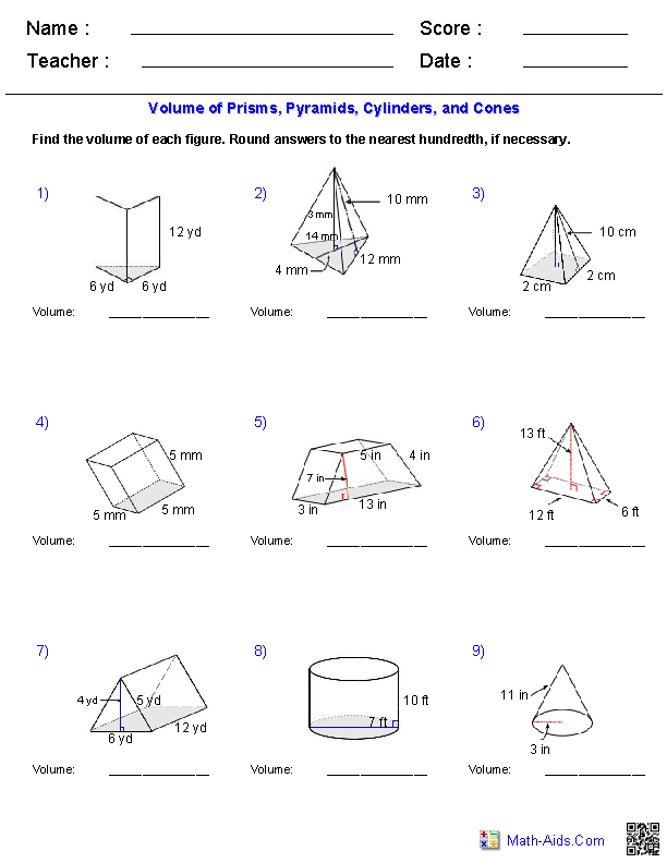 Worksheet for practicing the volume of different cones in eighth-grade geometry