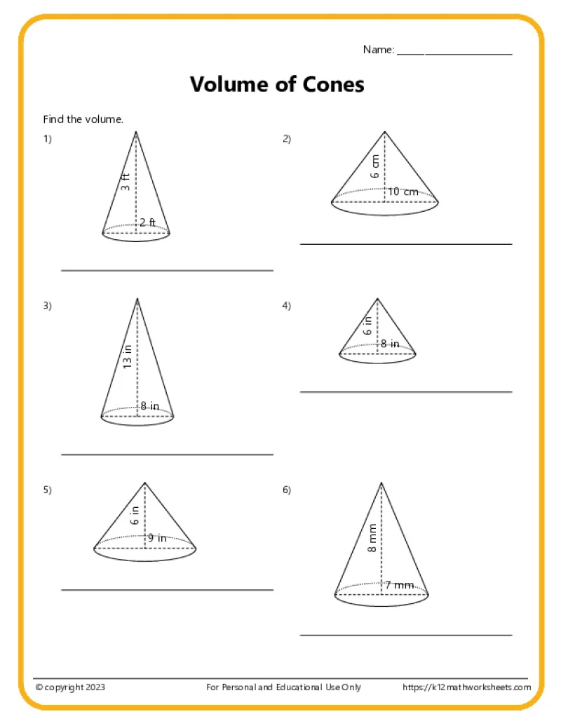 Worksheet for eighth graders to practice calculating the volume of various cone shapes