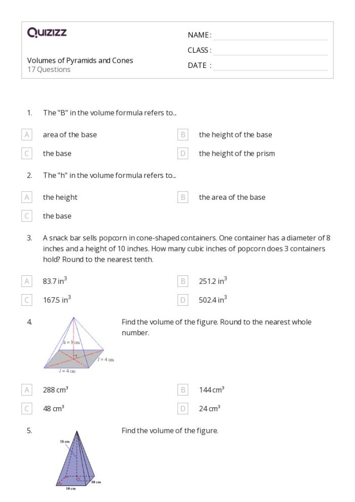 Eighth grade student solving volume of cone problems on a geometry practice worksheet with formulas and diagrams