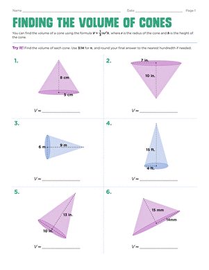 Worksheet for practicing volume calculations of different cones for eighth graders