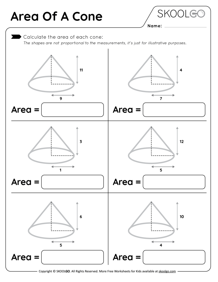 Worksheet for practicing the volume of different cone shapes for eighth-grade students