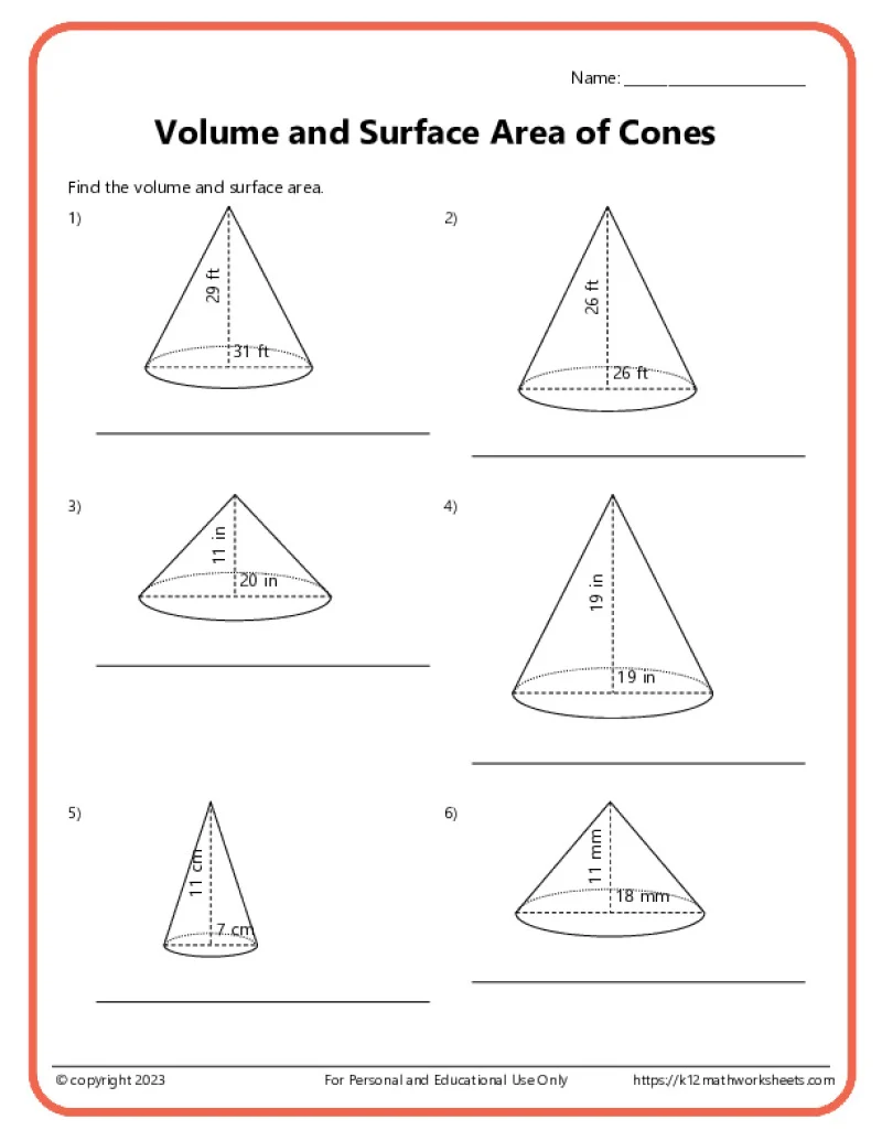 Worksheet for practicing the volume calculations of various cones for eighth-grade students