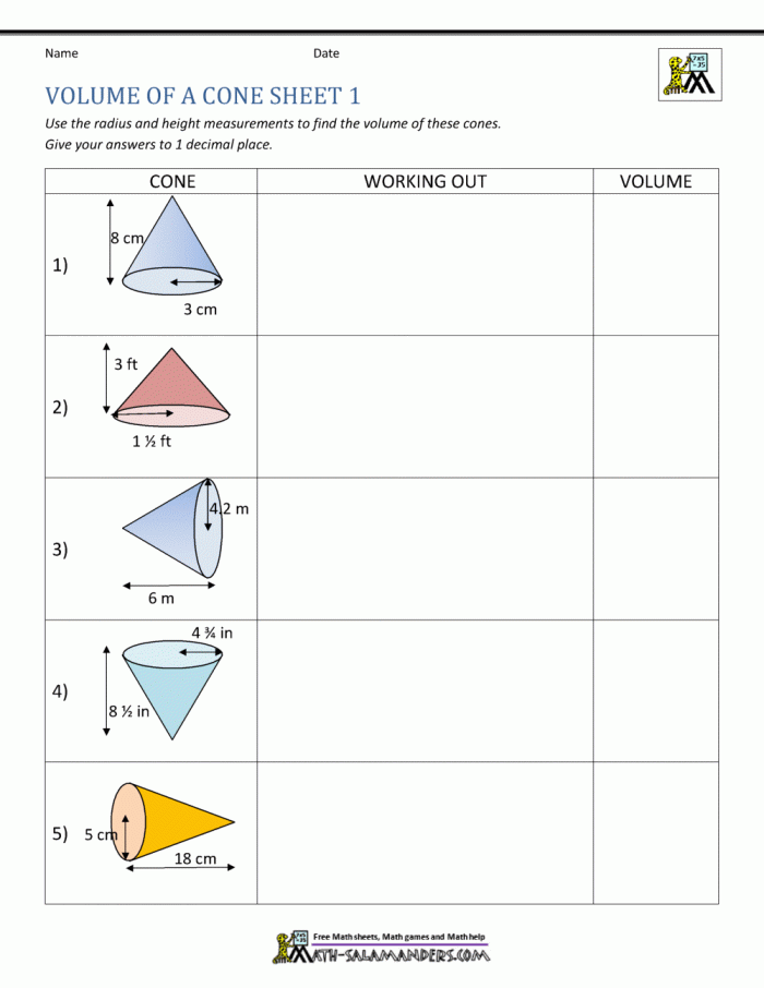 Eighth-grade worksheet featuring exercises on calculating the volume of cones