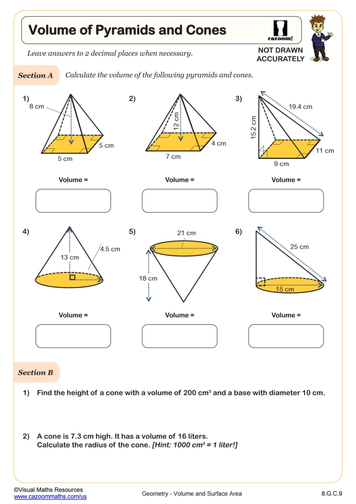 Worksheet for practicing volume calculations of cones in eighth-grade geometry