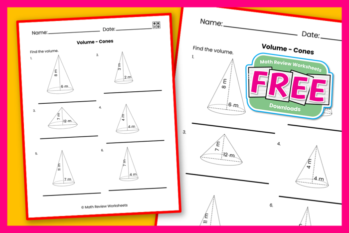 Worksheet for practicing the volume calculation of various cone shapes for eighth graders