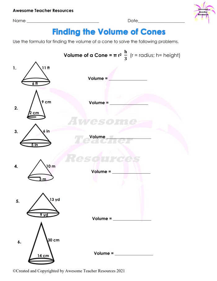 Worksheet for practicing the volume calculations of different cone shapes for eighth graders
