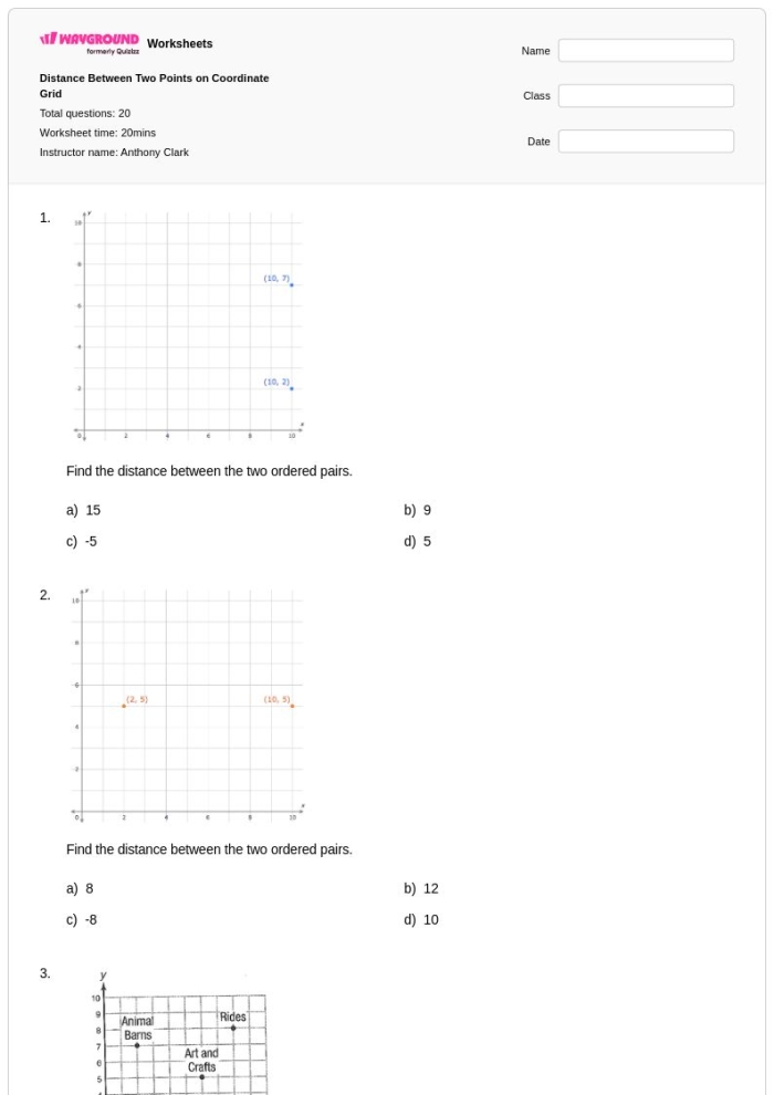 Eighth grade geometry worksheet featuring practice problems for calculating the diagonal distance between two points on a coordinate plane
