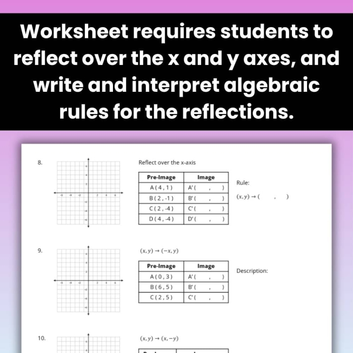Eighth grade math student practicing geometric reflections on a coordinate plane worksheet 13