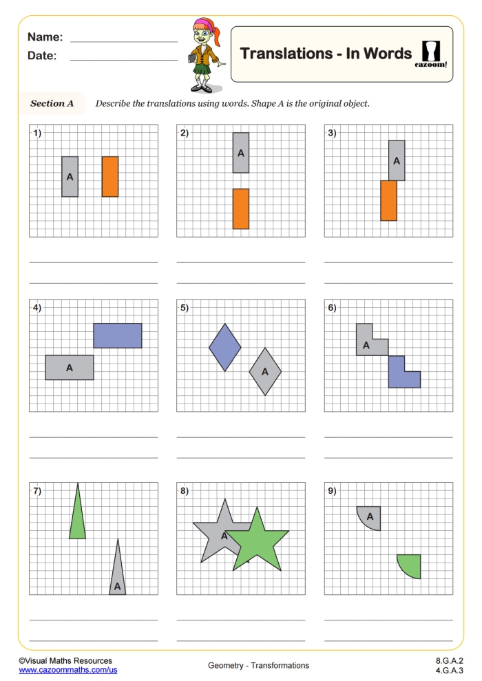 Eighth grade math worksheet showing geometric shapes being shifted across a coordinate plane for translation practice