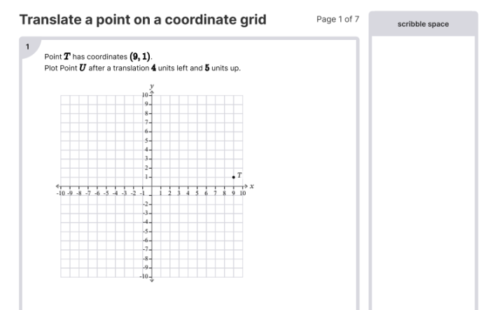 Eighth grade student worksheet showing geometric shape translations on a coordinate plane grid