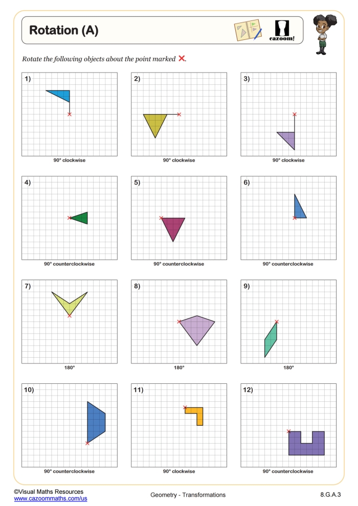 Eighth-grade students graph figures after performing translations on a coordinate plane in this worksheet. Translations on the Coordinate Plane practice worksheet for eighth graders.