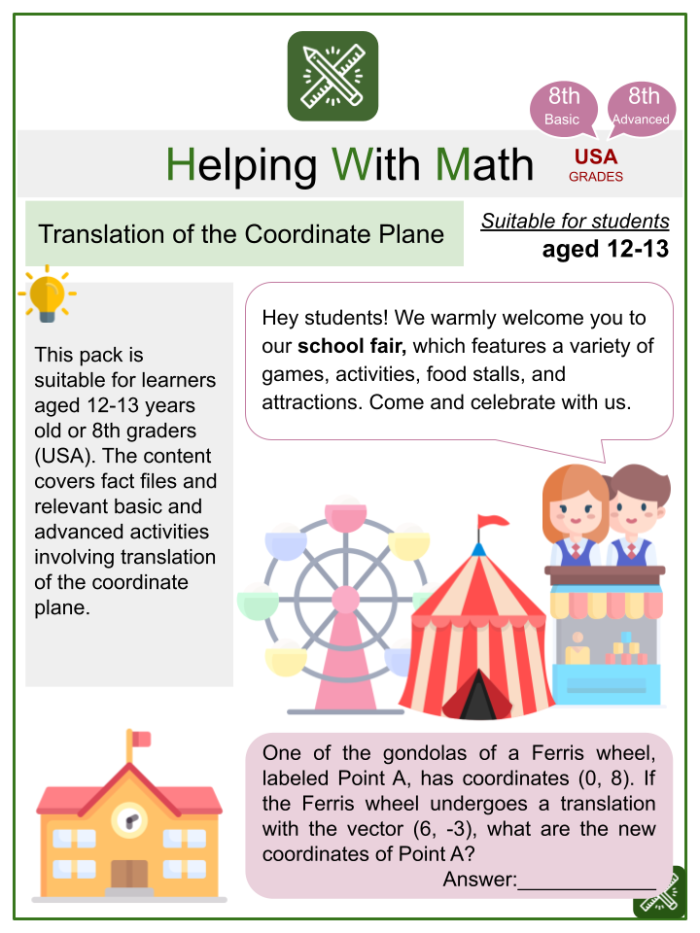 Eighth grade math worksheet showing geometric shapes being shifted across a coordinate plane for translation practice