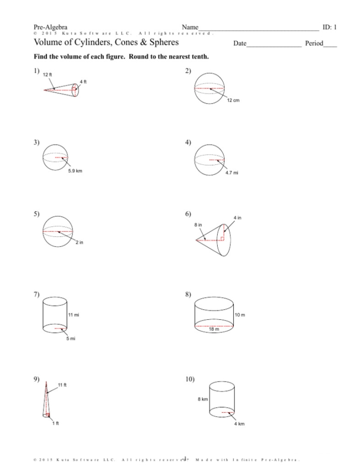 Eighth grade math worksheet focusing on calculating the volume of various cylinders with example problems